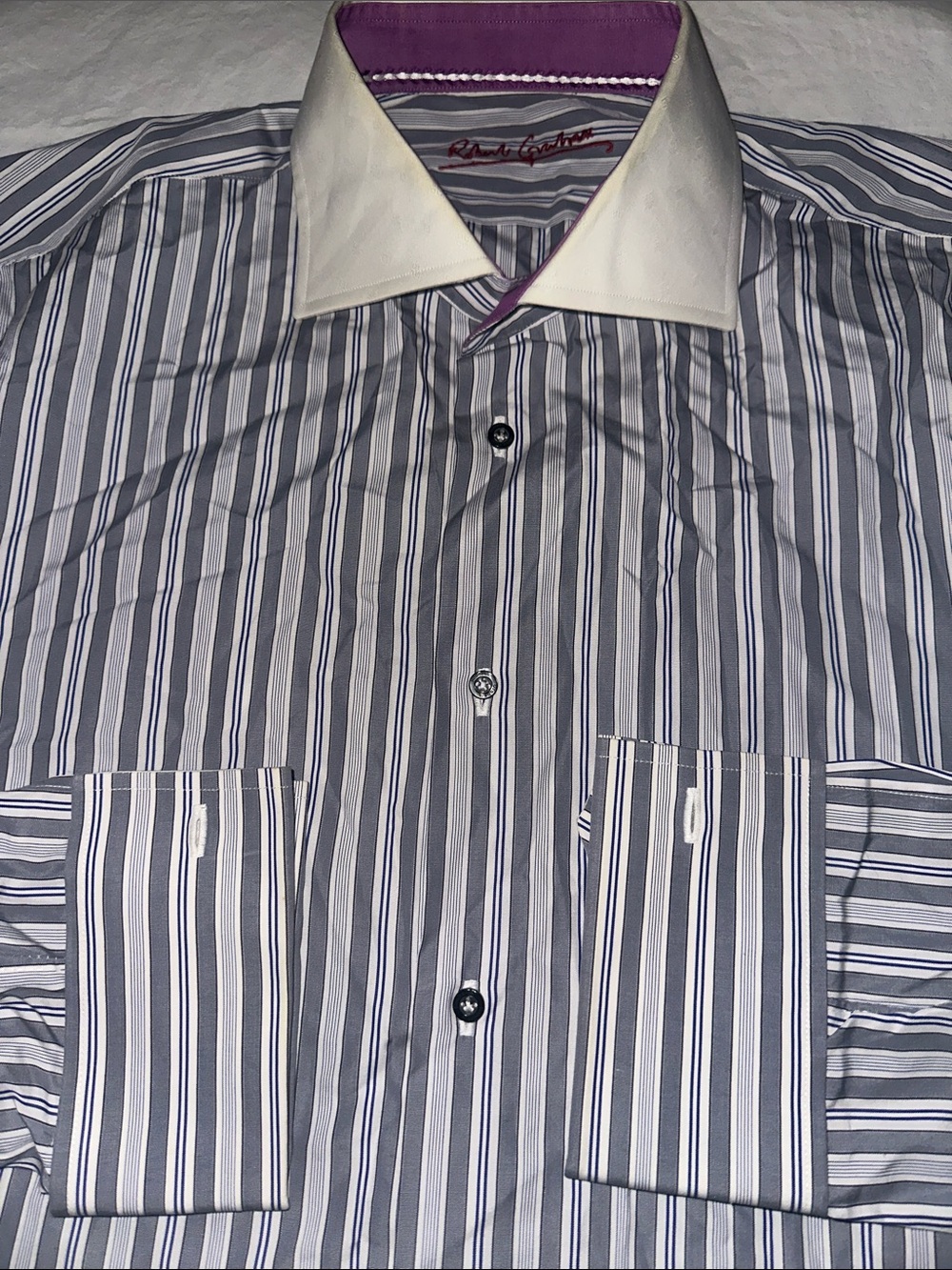 Robert Graham Gray White Stripes Contrast White Collar Men’s Dress Shirt Size 44